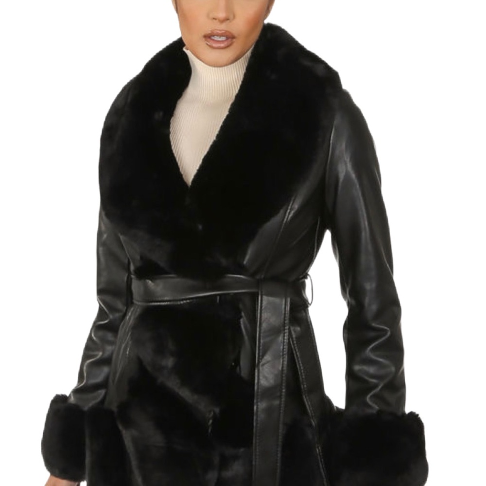 Women's Black Faux Fur Trim Leather Coat